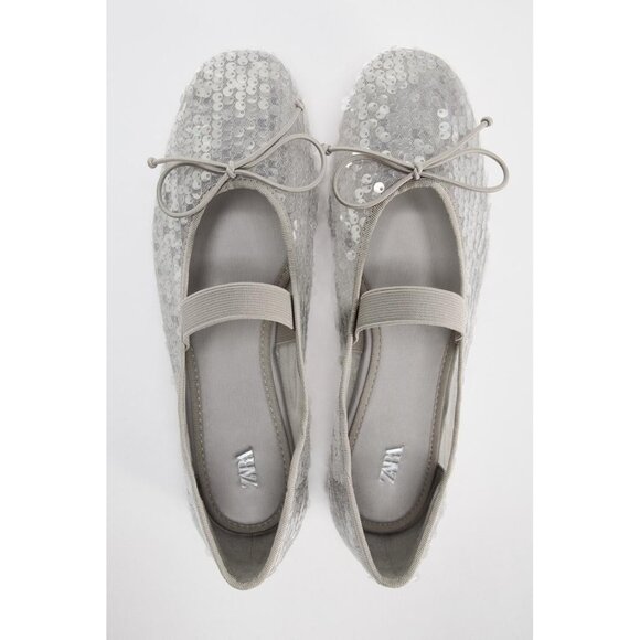 NWT Zara silver sequin ballerina flats with elastic strap and bow detail, 6.5 - Picture 6 of 13